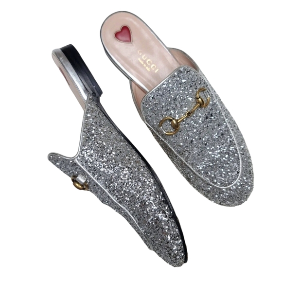 Gucci Princetown Size 37.5 US 7.5 Leather Mule Silver Glitter Slipper - Picture 3 of 9